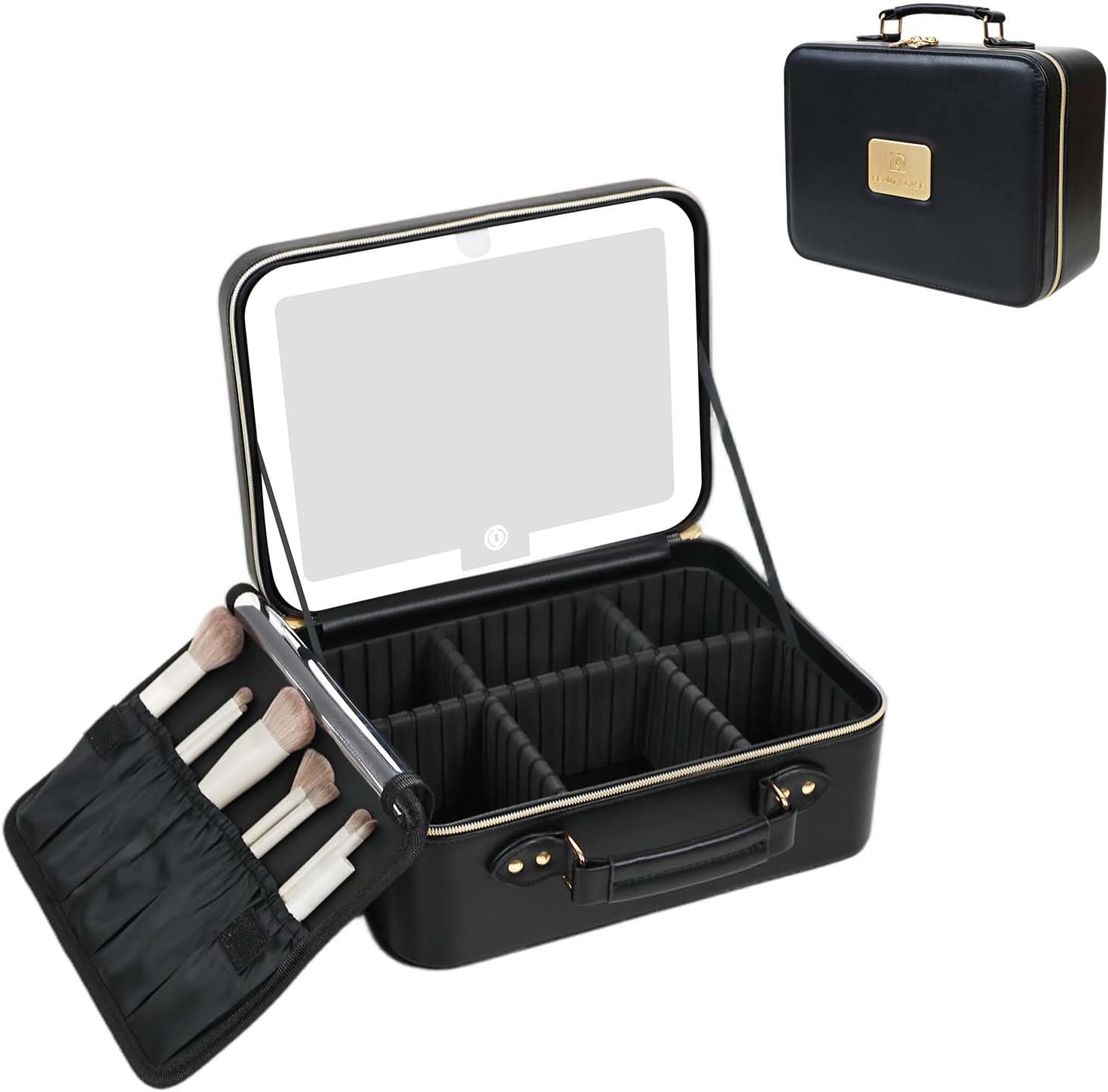 Prite Makeup Bag With LED Mirror 3 Light Modes Adjustable Brightness, Travel Cosmetic Train Case with Adjustable Dividers & Brush Holder, Portable Makeup Artist Organizer Bag for Women(Brown)