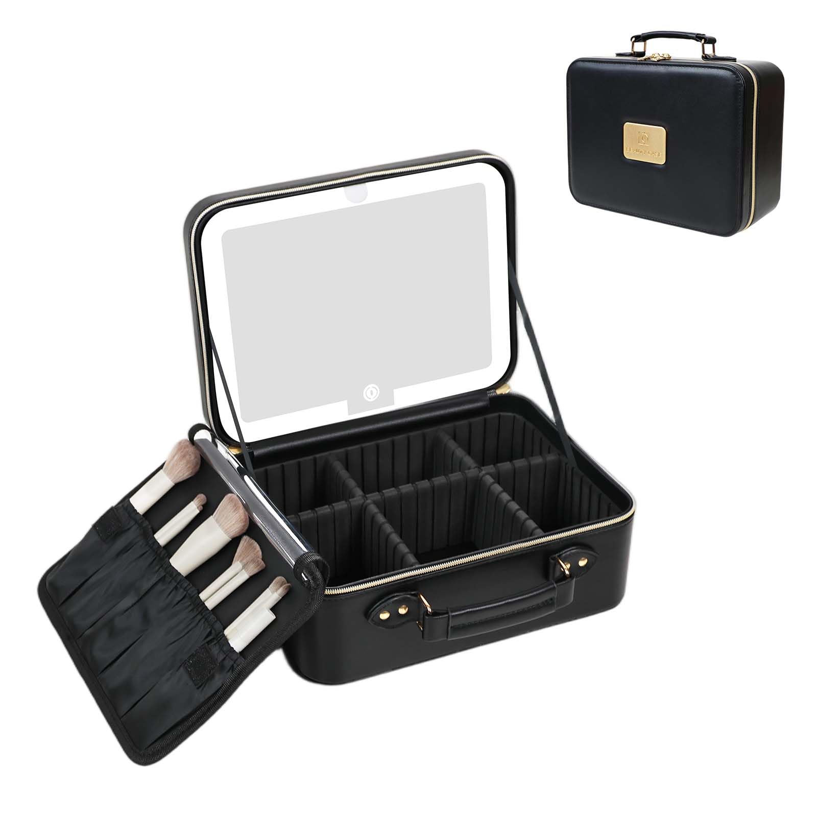 Prite Beauty case con specchio a LED, 3 modalità di illuminazione, luminosità regolabile, custodia da viaggio con divisori regolabili e porta pennelli, borsa organizer portatile per truccatori da