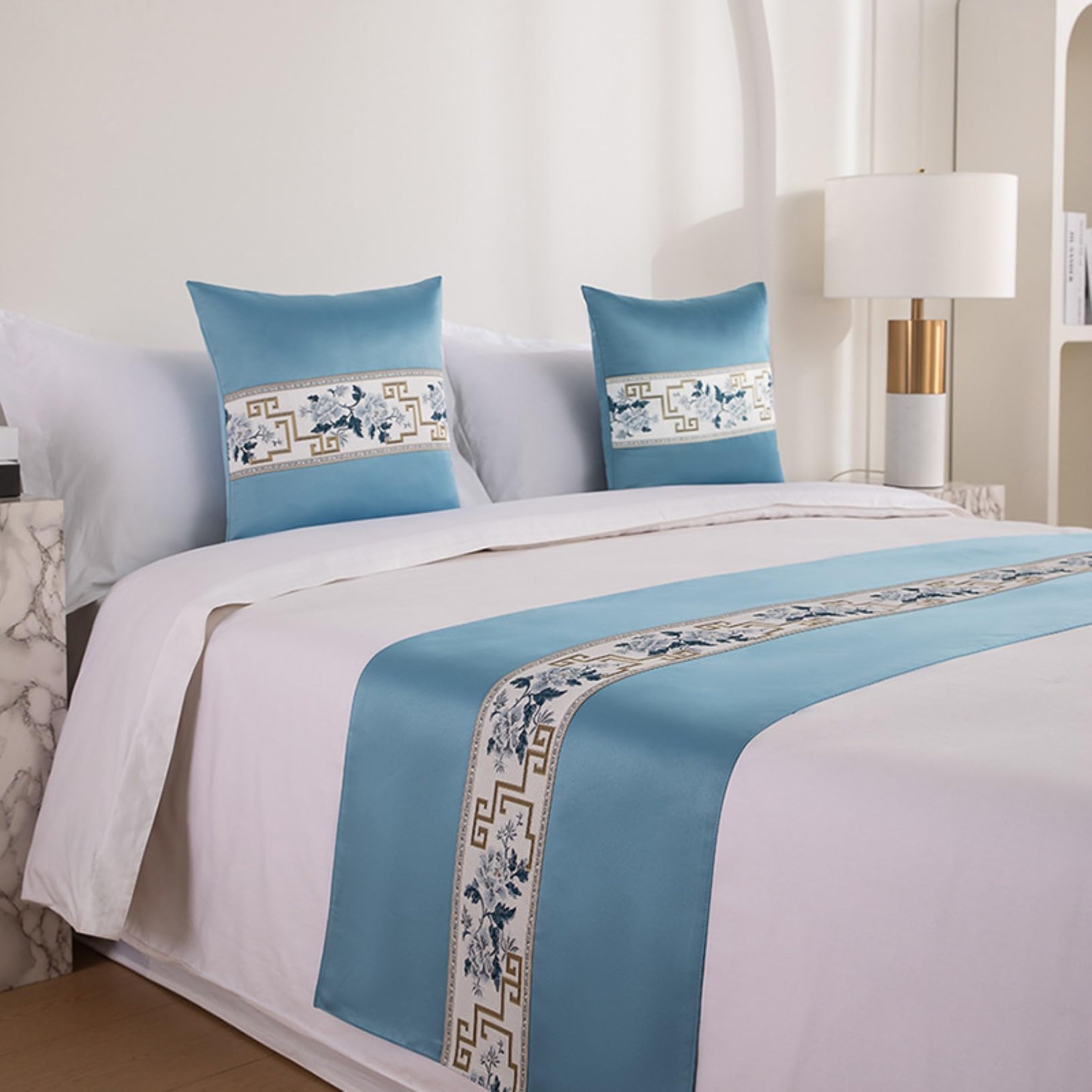 Chemin de lit jacquard bleu clair 50x180 cm de style chinois pour la décoration de chambre