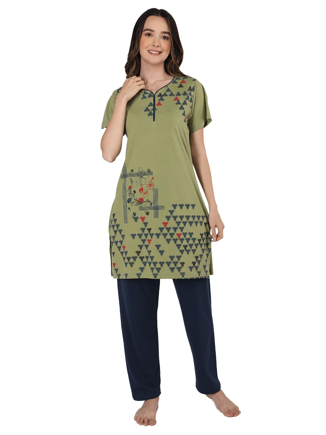 Duchess Women's Cotton Printed Regular Fit & Embroided Long Length Night Suit Set