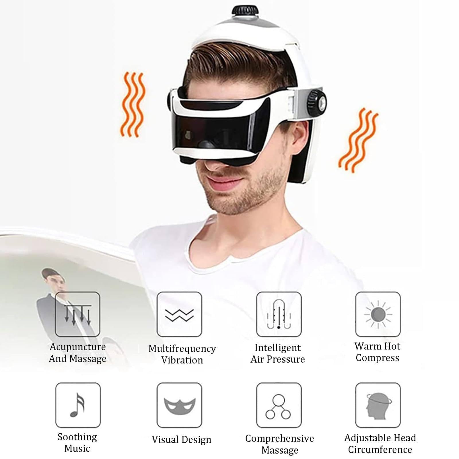 Masajeador De Cabeza 2 En 1 (Terapia para Cabeza Y Ojos), Calentamiento AutomáTico, VibracióN De Aire, Casco Musical con VibracióN, RelajacióN Cerebral Y Alivio del EstréS.