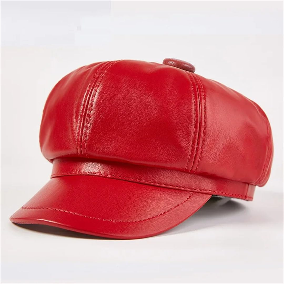 Gorra de piel auténtica para mujer, estilo vintage, de piel de oveja, estilo panadero, octogonal, para invierno
