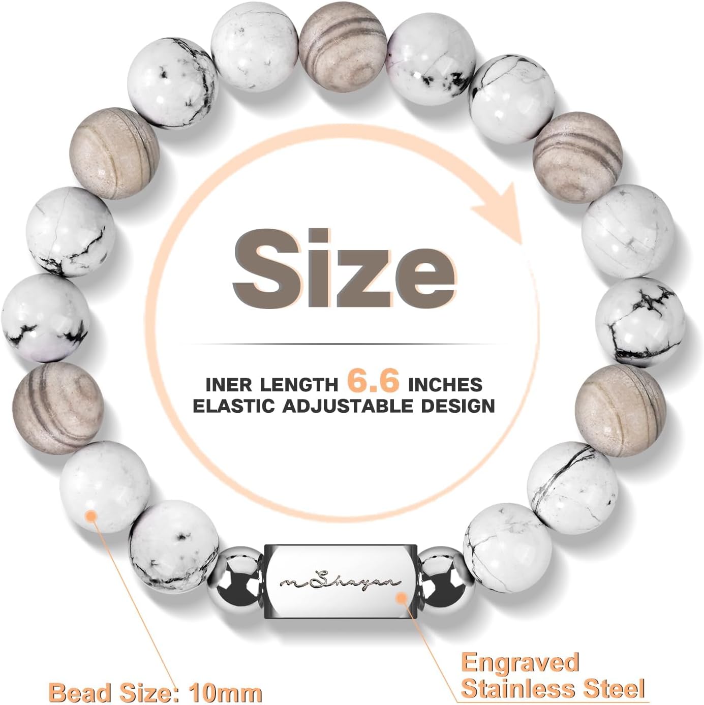 Bracelets for Men, 10MM Adjustable Men's Elastic Beaded Bracelet, Handcrafted Gifts for Anniversary, Birthday, Christmas, Blue Vein Gemstone/Tiger Eye/Howlite/Map Gemstone/Black Matte Agate/Snowflake Obsidian/Black Agate/Hematite/Gray Ray Wood Stone - Image 3