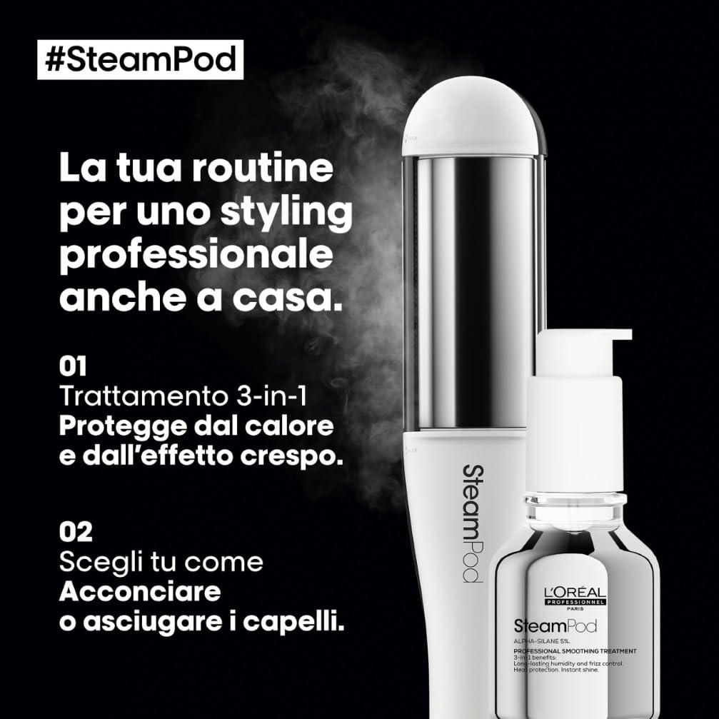 L'Oréal Professionnel Siero Termoprotettore, Adatto a Tutte Le Piastre, Per Tutti i Tipi di Capelli, Effetto Anti-crespo Fino a 72h, SteamPod, 50 ml