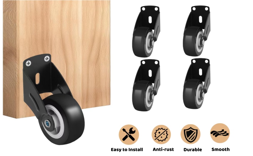 Image of Small Gate Wheel 2inch-4pcs, Anti-Sag Door Bottom Support Wheels | Steel Plate Mount Gate Caster Wheel with Screws, 55Lbs Each, Silent Rubber Wheel for Wooden Fence Gate, Cabinet, Furniture