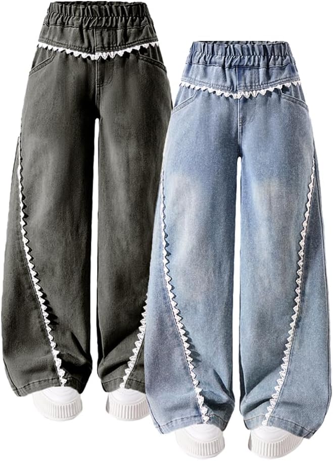 Nivne Tco Tween Girls 2 Pack Jeans, Trendy Wide Leg Elastic Waist Denim Pants with Lace Trim Design Kids Casual Trousers