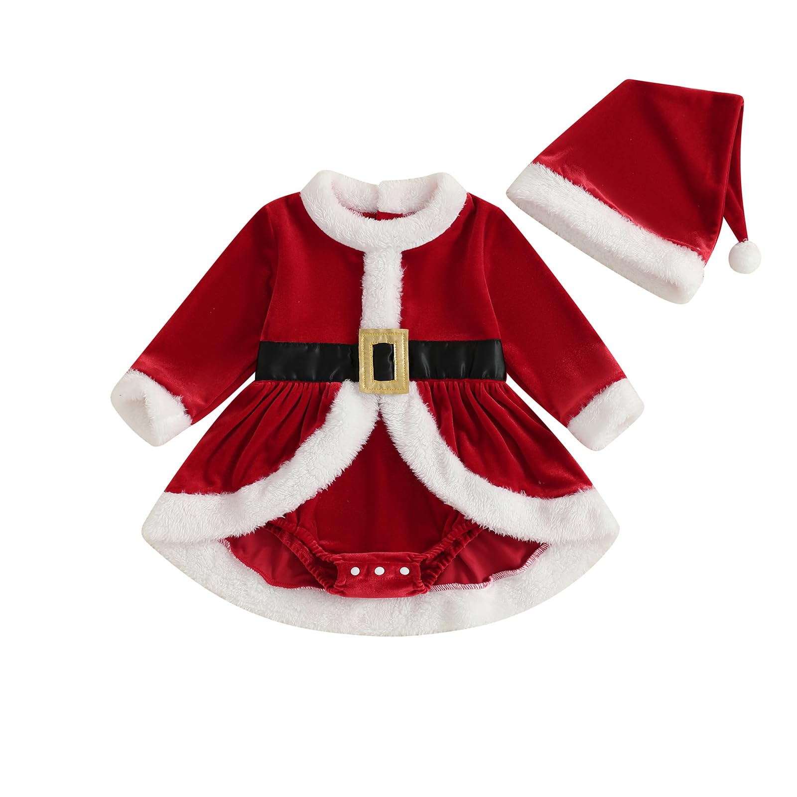 Springcmy Baby Girls Christmas Romper Dress Long Sleeve Terry Trim Red Velvet Jumpsuit with Santa Hat Infant Xmas Outfit (C-Red, 12-18 Months) — image 1