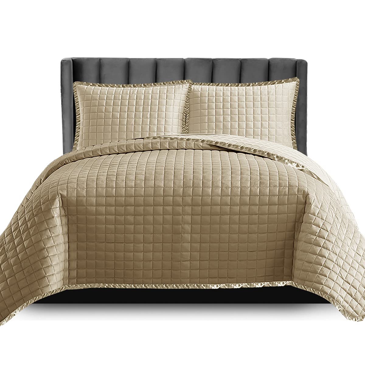 PRIME LINENS Super King Bedspreads Throw Quilt Coverlets 100% Cotton Filling Warm Quilt Blanket Embossed Comforter Set For Bed Room Decor All Season 3 Piece Bedding Sets (Osca Beige)-image-4