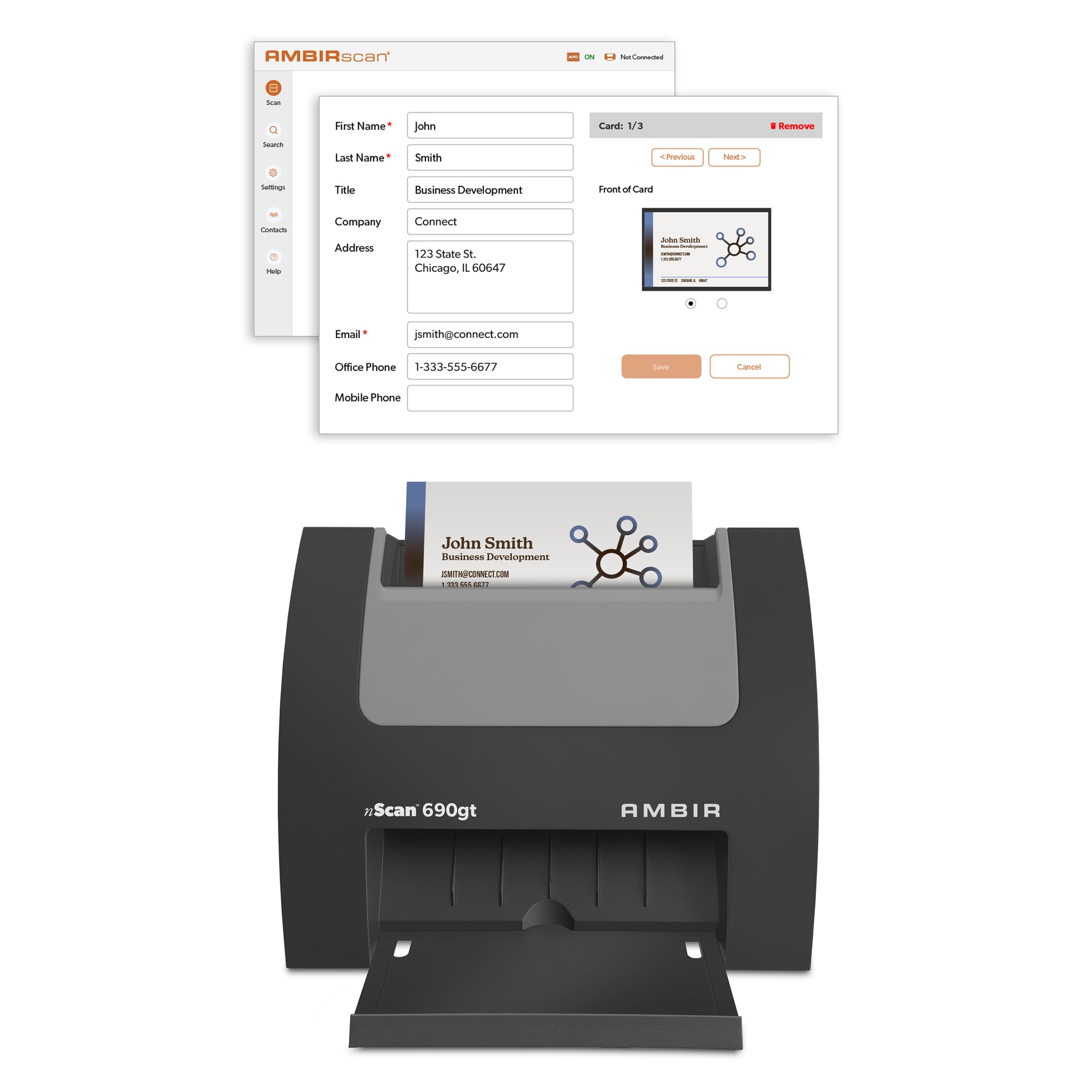 Ambir nScan 690gt-BCS High-Speed Vertical Card Scanner with AmbirScan Business Card for Windows PC One Time Purchase No Subscription Needed