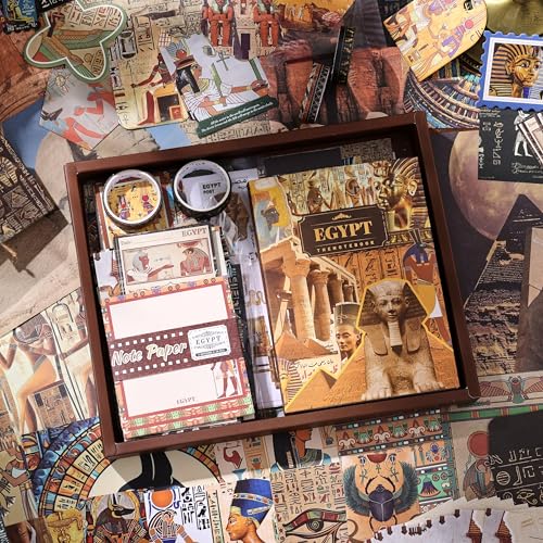 Image of Scrapbooking Supplies Kit, Egyptian Vintage Aesthetic Scrapbook Kit for Bullet Junk Journal, Ancient Egypt DIY Journaling Supplies with Hieroglyph, Pharaoh, Pyramid, Unique Gift for Teens & Women