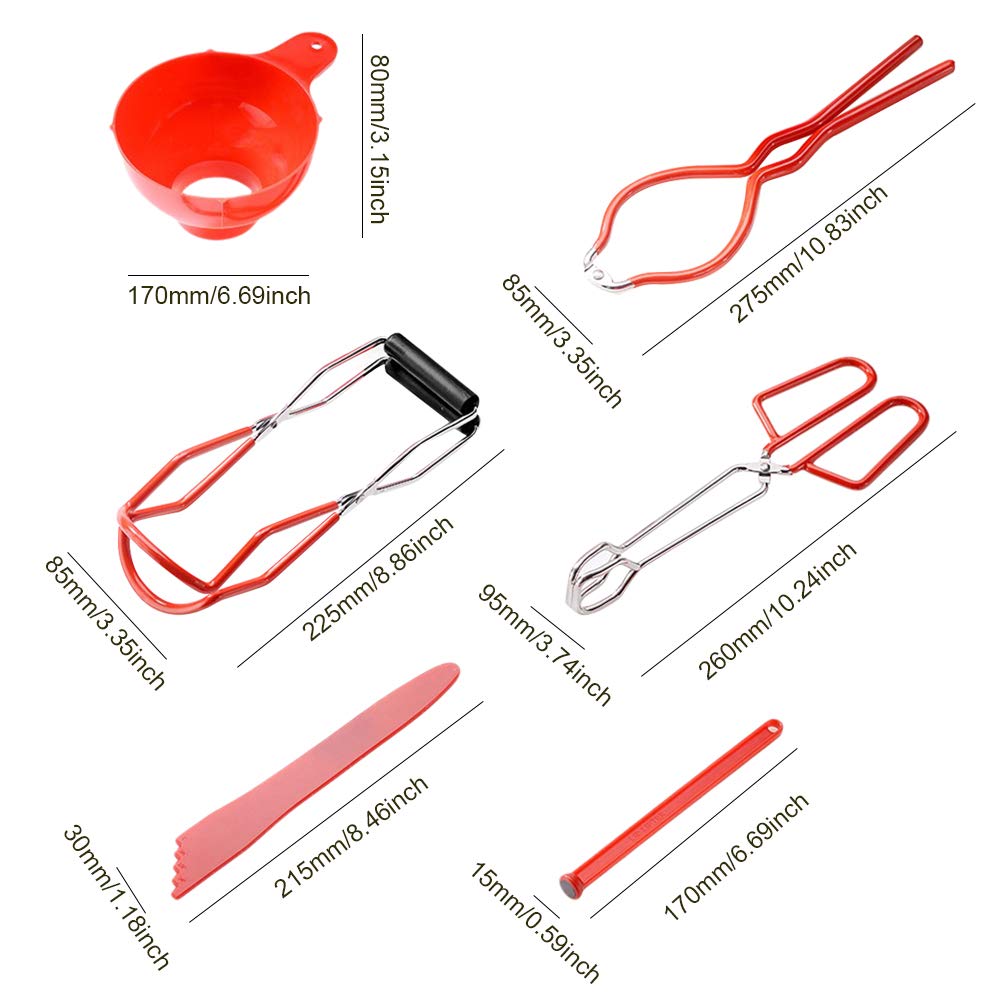 Mise en Conserve Kit Comprend Élévateur, Magnétique Couvercle Bocal Clé,Pinces, Mesureur, Maison Fournitures, Essentiels Coffret, 6 Pièce Ensemble(Rouge)
