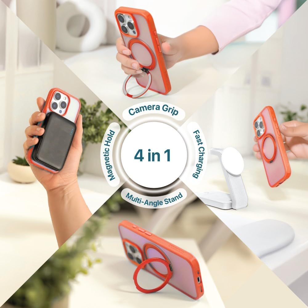 BLACK+DECKER 360°Spin Magnetic Stand for iPhone 16 Plus Case, Compatible with MagSafe Protective Stylish for iPhone16 Plus Case for Women, Ostand Kickstand Rotatable, Lanyard, Extra Buttons, Coral