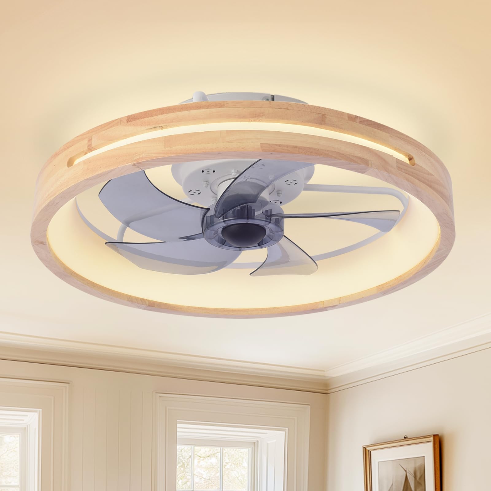 Modern Low Profile Ceiling Fans with Lights and Remote, 20" Wooden Flush Mount Reversible Bladeless Ceiling Fans with Light?3000K-6000K Dimmable LED Timing and 6 Wind Speeds
