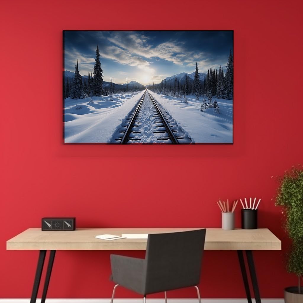 Canvas for Living room. Winter's Quiet Embrace � Journey Along Snowy Rails into the Sunset, 27 x 18 inch Canvas Wall Art - Contemporary Masterpieces - Modern Home Decor - 69x46 cm (27x18 inch)