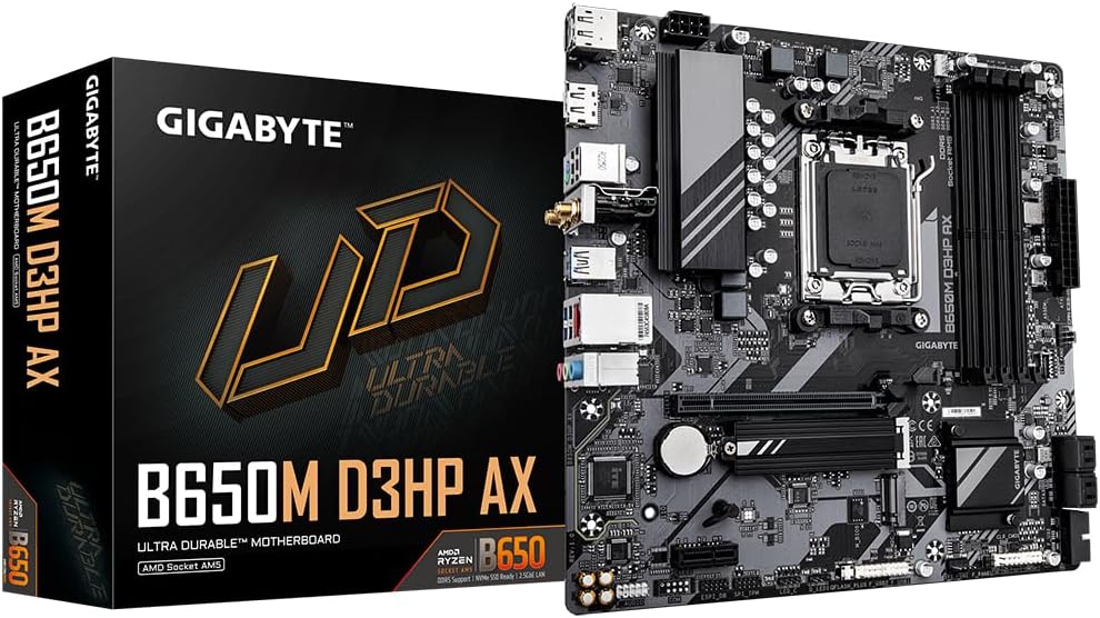 Gigabyte B650M D3HP AX Motherboard - Supports AMD AM5 CPUs, 5+2+2 Phases Digital VRM, up to 7600MHz DDR5 (OC), 2xPCIe 4.0 M.2, Wi-Fi 6E, 2.5GbE LAN, USB 3.2 Gen 1