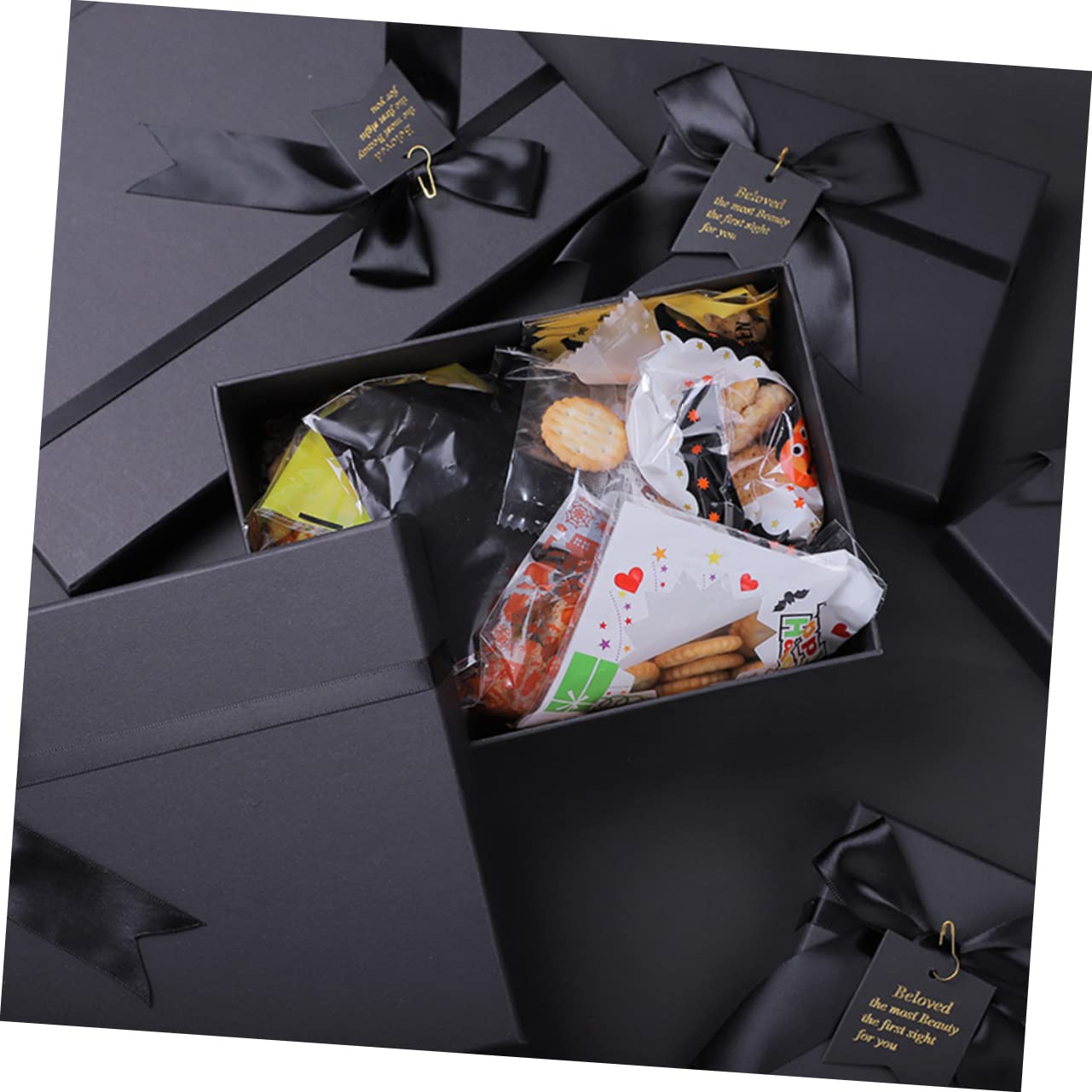 Geschenkbox aus Papier 6 Stück Packung Schwarz mit Romantischer Schleife