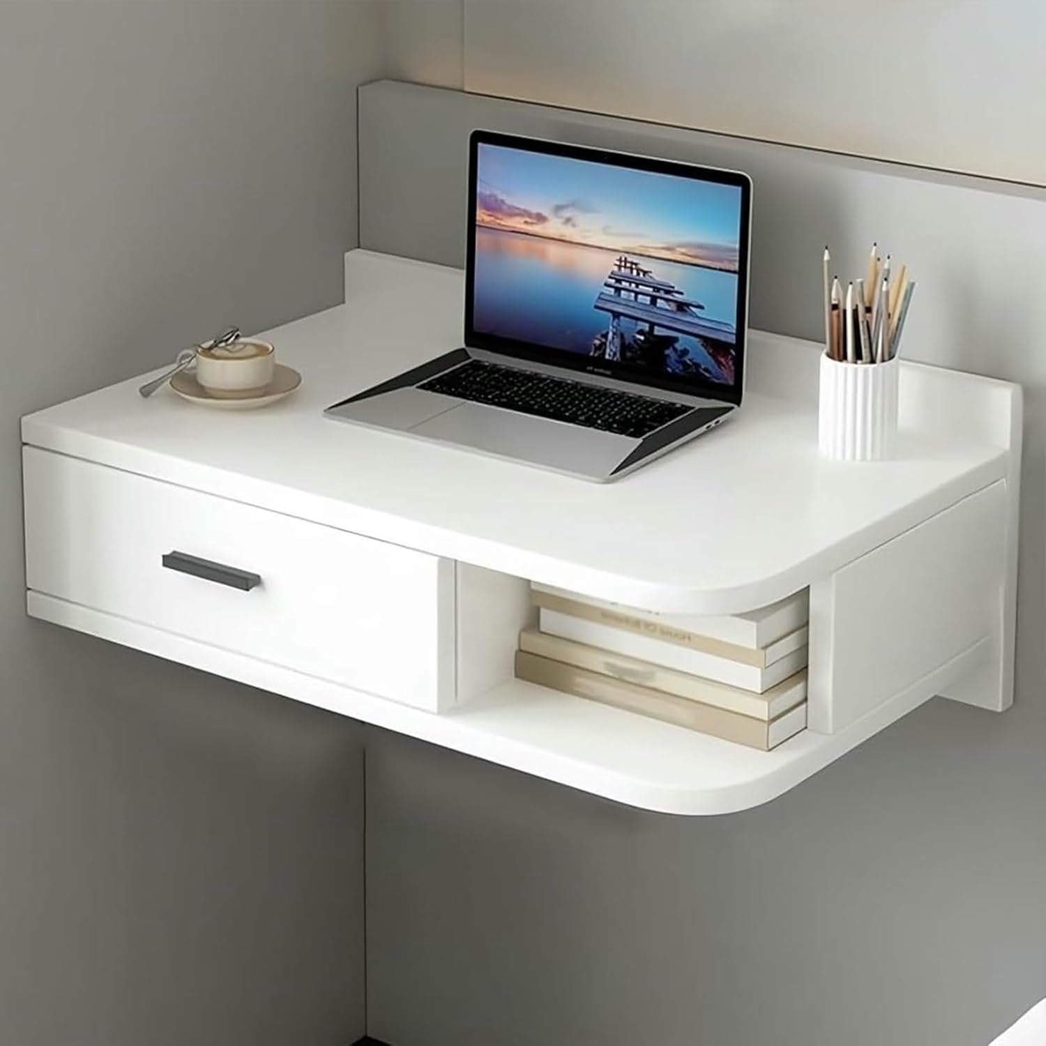 Corner Floating Makeup Vanity, Wooden Computer Desk with Drawers & Open Storage Space, Wall Mounted Nightstand, for Bedroom