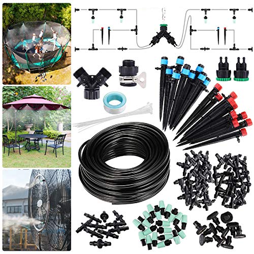 king do way 82Ft/25M Drip Irrigation Kits Garden Watering System with Y Valve,20 Misting Nozzles 10 Drip Emitters 10 Dripper DIY Mist Cooling Irrigation System for Greenhouse, Patio, Lawn
