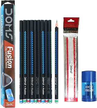 Doms Fusion Xtra Super Dark Pencil Box Pack | Dark & Neat Writing Which Stays Longer | Smooth Sharpning & With Soft & Comfortable Grip | Free Scale & Erasner Inside | Pack of 30 Pencils