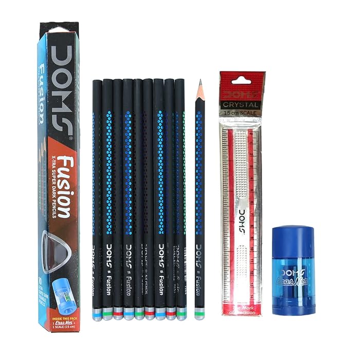 Doms Fusion Xtra Super Dark Pencil Box Pack | Dark & Neat Writing Which Stays Longer | Smooth Sharpning & With Soft & Comfortable Grip | Free Scale & Erasner Inside | Pack of 30 Pencils