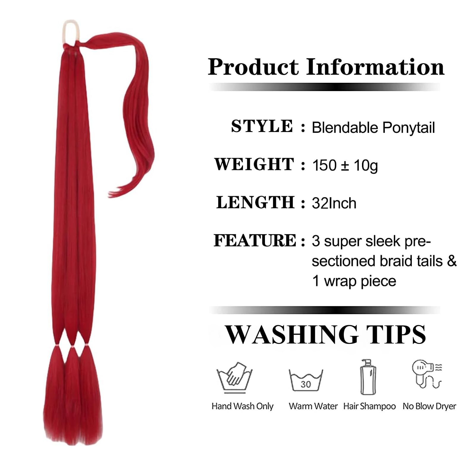 32inch Long Braid Ponytail Extension Straight Sleek Wrap Around Braid Hair Extensions Ponytail Synthetic Hair Pieces for Women Girls (Red) - Image 3