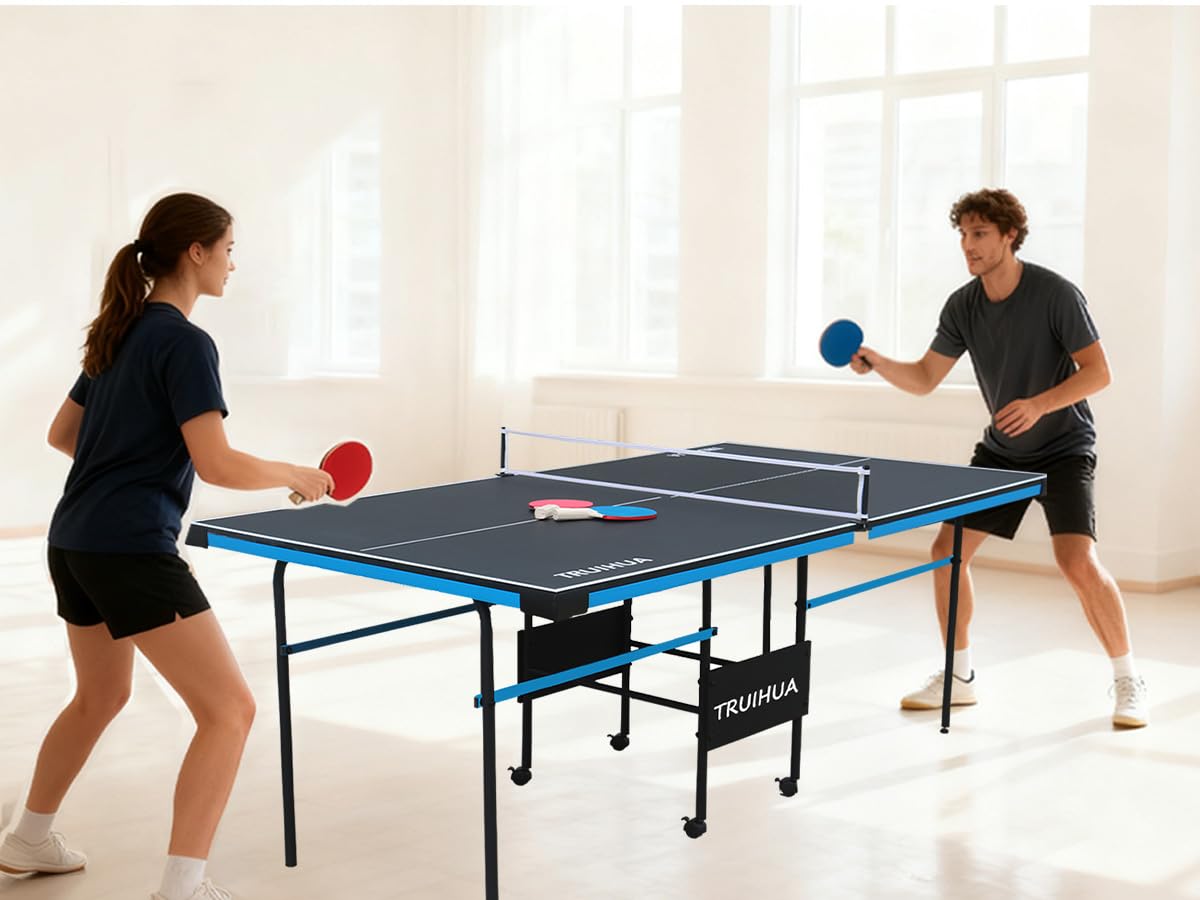 7FT Tischtennistisch Indoor Junior Kompakter klappbarer Tischtennisplatten für den Außenbereich mit Tischtennisschläger und Netz für Kinder 210 x 117 x 76 cm