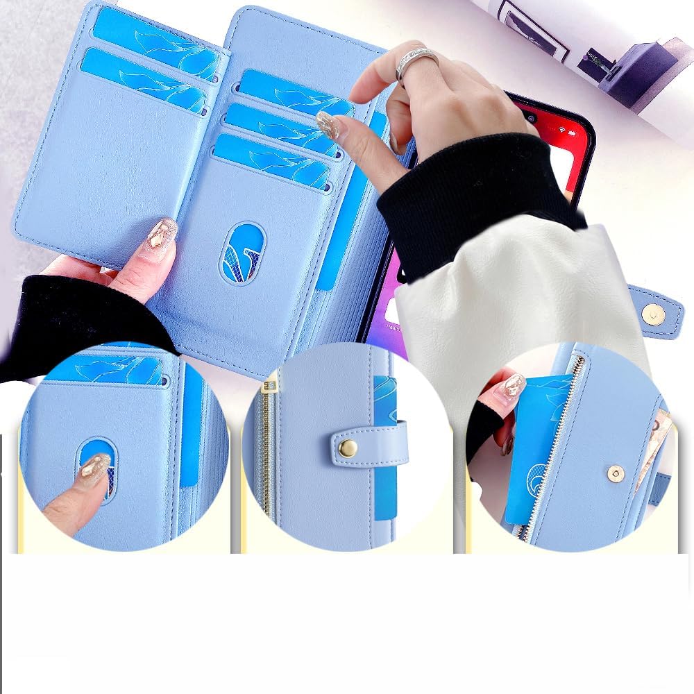 Compatible with Google Pixel 6A Flip Kickstand Lanyard Zipper Card Slot Wallet Case Blue