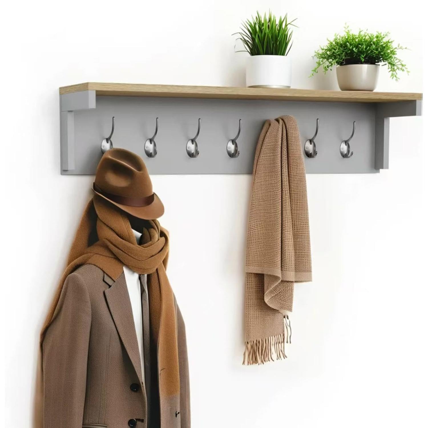 Livhome 7 Hook Grey Wall Mounted Coat Rack, Wooden Coat Hooks with Shelf and Storage, Wall Shelf with Hooks Underneath, Hallway and Closet Organizer for Coat and Wardrobe Storage
