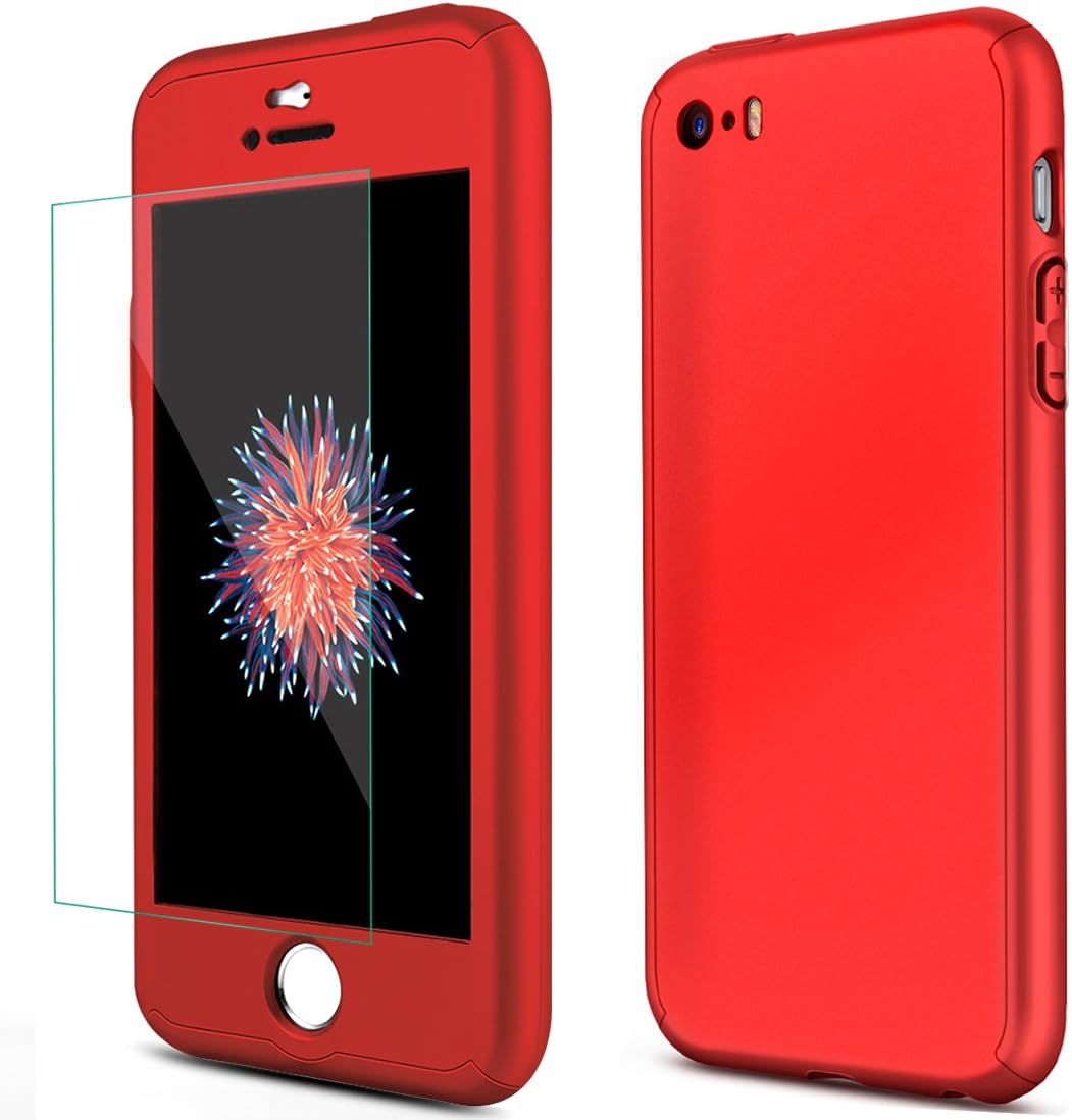 iPhone 5S Case, iPhone 5 Case, iPhone SE Case, FIRMGE Matte Skin Dust-Proof Anti-Scratch Full Body Protection Ultra Thin Hard Case with Tempered Glass Screen Protector for iPhone 5S/5/SE -Red