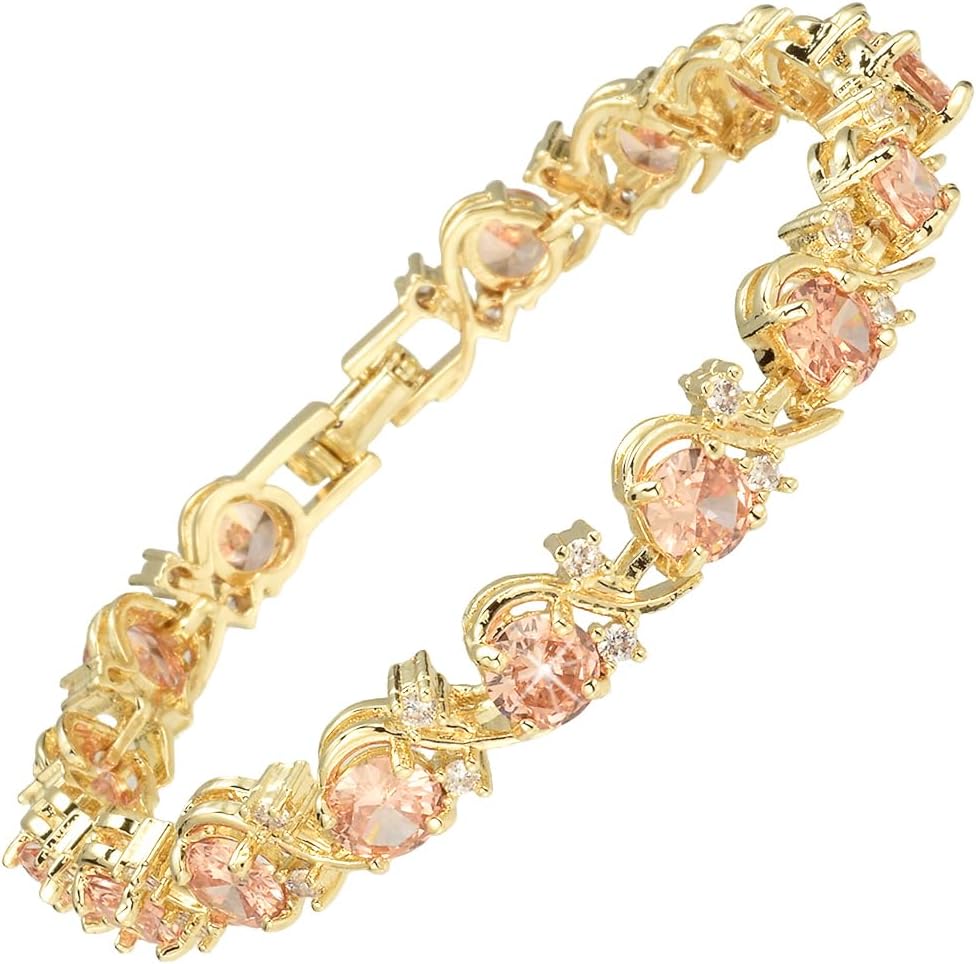 RIZILIA BLOSSOM 14K Gold Plated Tennis Bracelet Women - Birthstone 6mm CZ Gems, Hypoallergenic 7" Lightweight, Gift Box Included