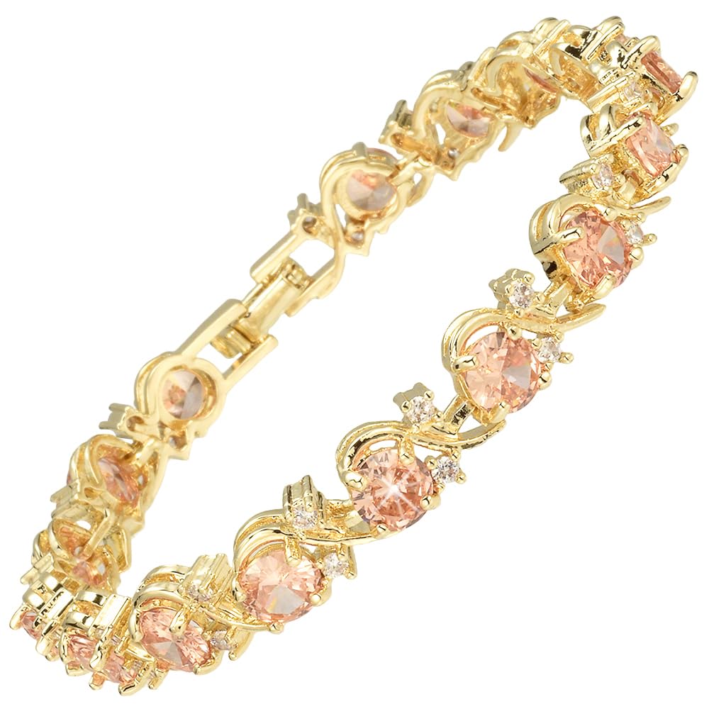 BLOSSOM 14K Gold Plated Tennis Bracelet for Women - Colorful Birthstone 6mm Round CZ Gemstones, 7 Inch Hypoallergenic with Gift Box, Perfect Anniversary Birthday Gift