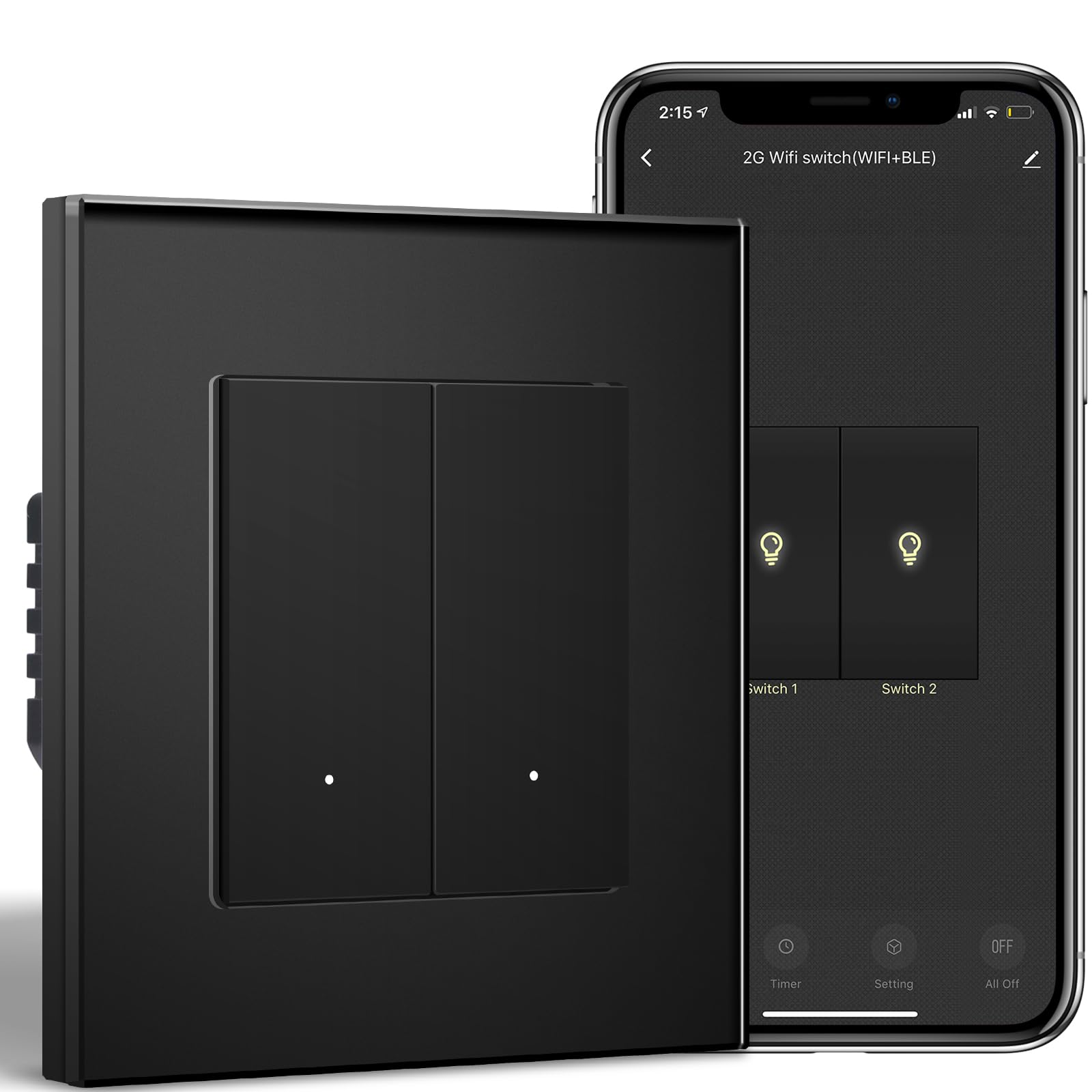 BSEEDLIFE Smart Light Switch,Intelligent WiFi Wall Switch for Smart Home,Compatible with Alexa,Google Home(via Tuya/Smart Life App),2 Gang 1 Way 86 * 86mm,Black