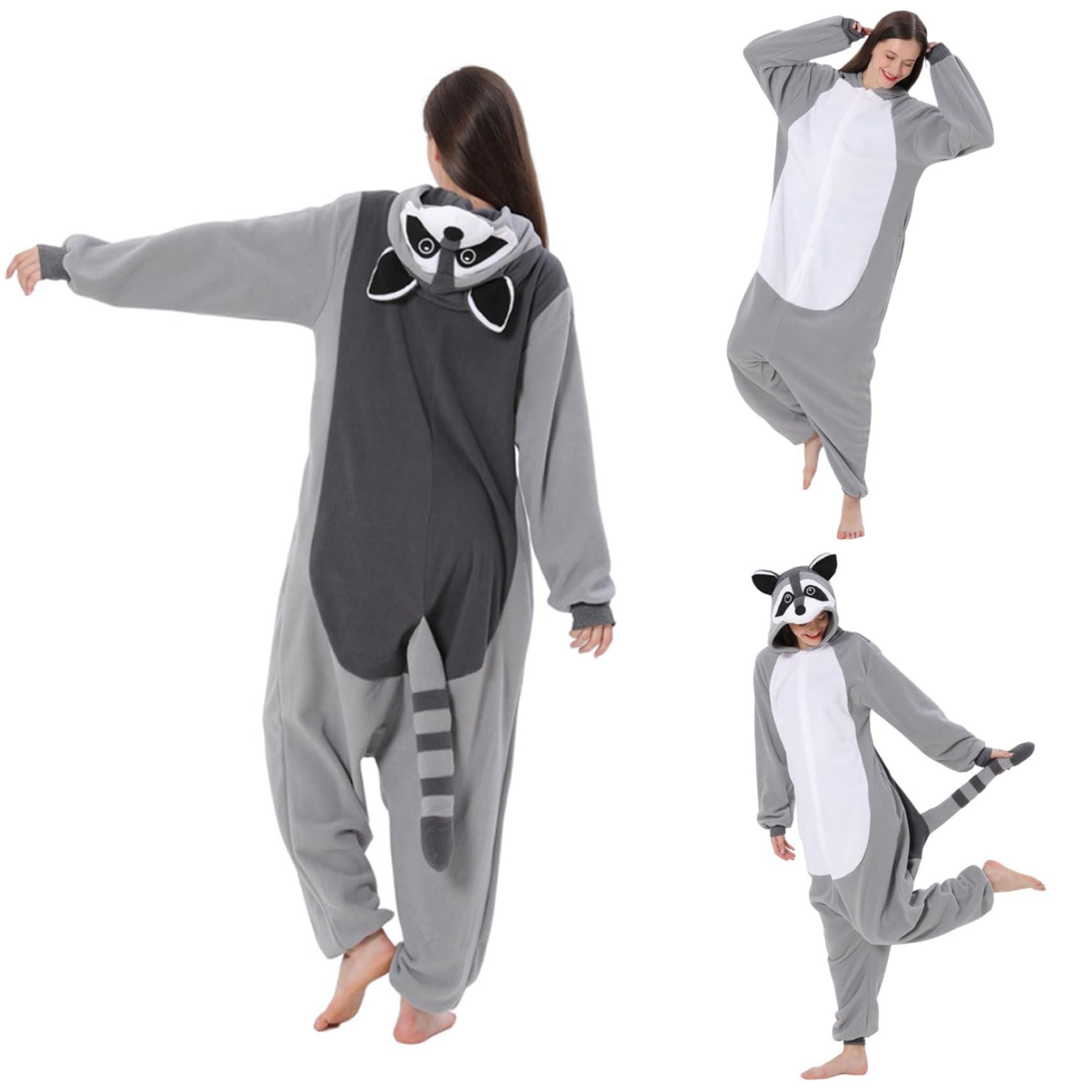 Onero de mapache para pijamas de mapache con capucha para adultos con cola polar de vellón de vellón con cierre de botones lindo y térmico para Navidad, Halloween