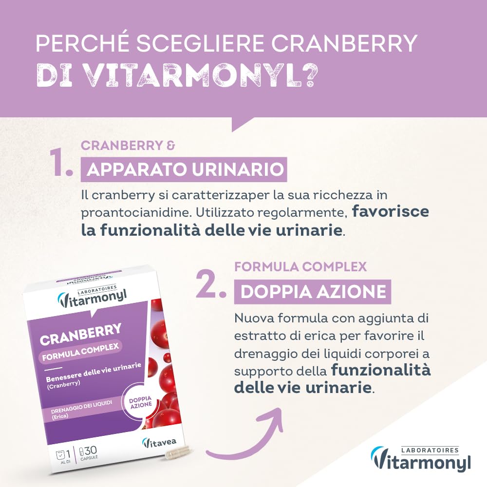 Vitarmonyl Nuova Formula Cranberry - Integratore Benessere Vie Urinarie - Alta Concetrazione in 1 Sola Capsula - Azione Drenante - Mirtillo Rosso e Erica - Cistite - 1 Mese di Trattamento