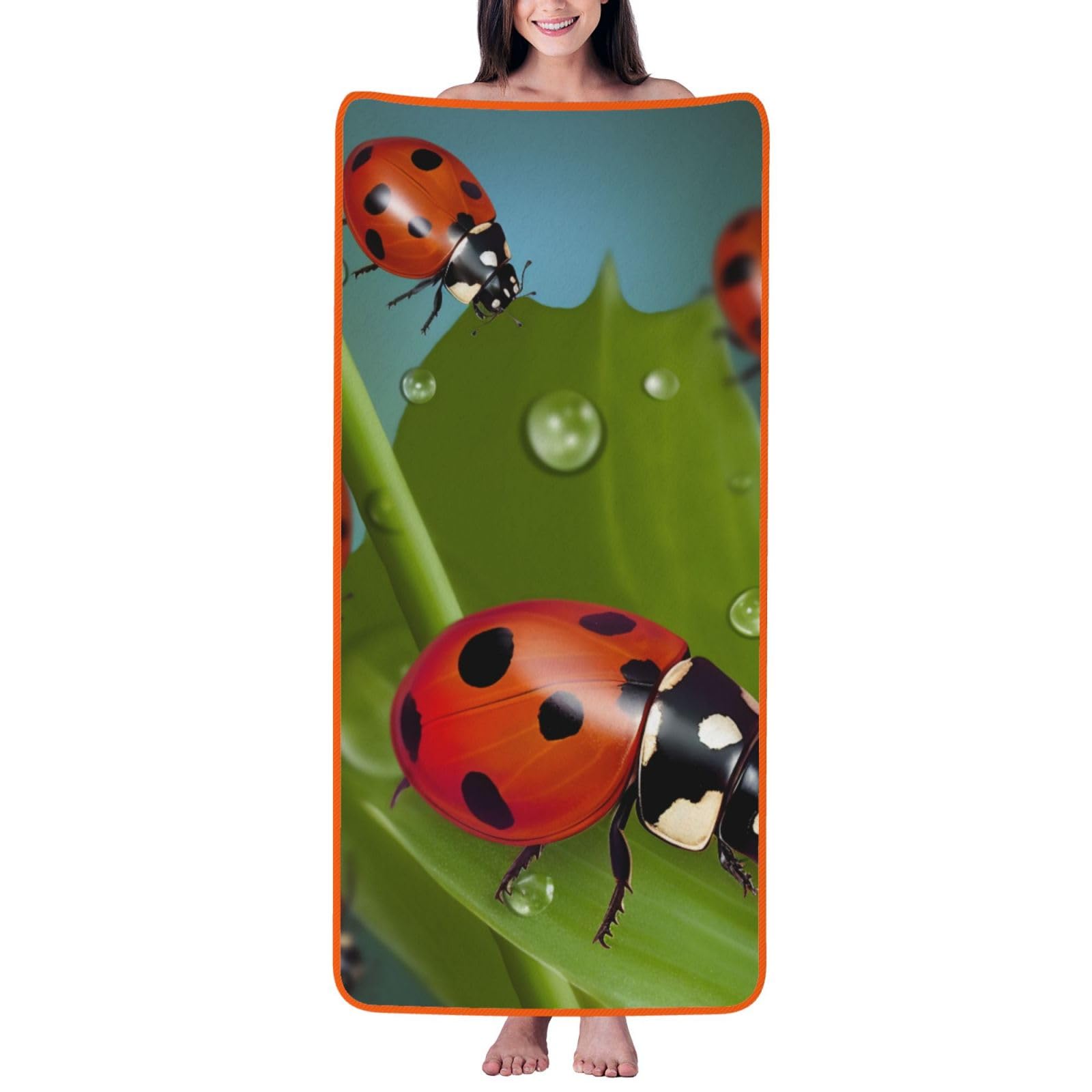 WPKJU Ladybug Printed Bath Towel with Orange Edging - 27x55 in Soft Extra Absorbent Coral Velvet Shower Towels for Bathroom