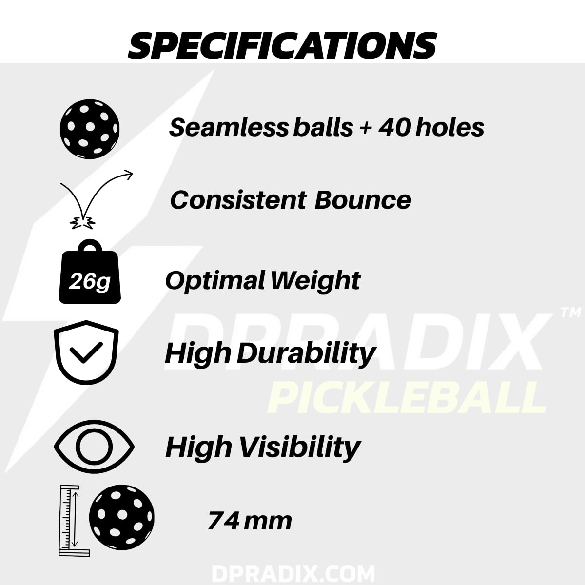 Bolas de Pickleball Dpradix AERO 40 - Pack 6 Pelotas Amarillo Neón, Marca Española, Alta Visibilidad, 40 Agujeros, 74 mm, Peso Óptimo 26g, Alta Durabilidad, Rebote Consistente, Uso Exterior e Interior