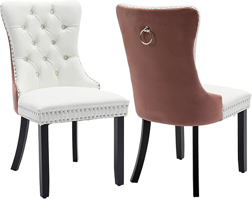 Miniatura 29 de Juego de 4 sillas de comedor de terciopelo, sillas tapizadas con respaldo de alas altas copetudas con ribete de cabeza de clavo y anillo de 01 -