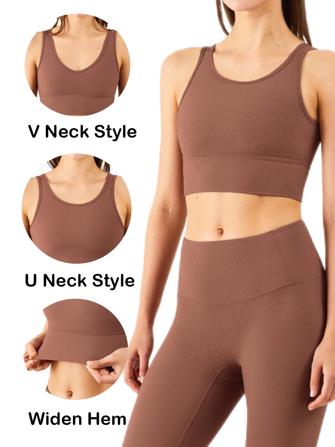 Longline Reggiseno Sportivo Canotta Reggiseno Top per le Donne Senza Soluzione di continuità Reggiseno Sportivo a Costine Top di Allenamento Imbottito Crop Top, U-bronzo, L