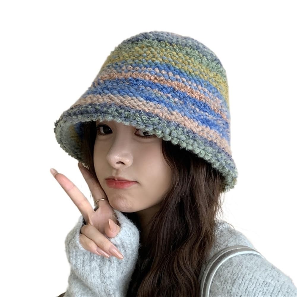 Chapeau seau tricoté Y2K à rayures colorées pour femme