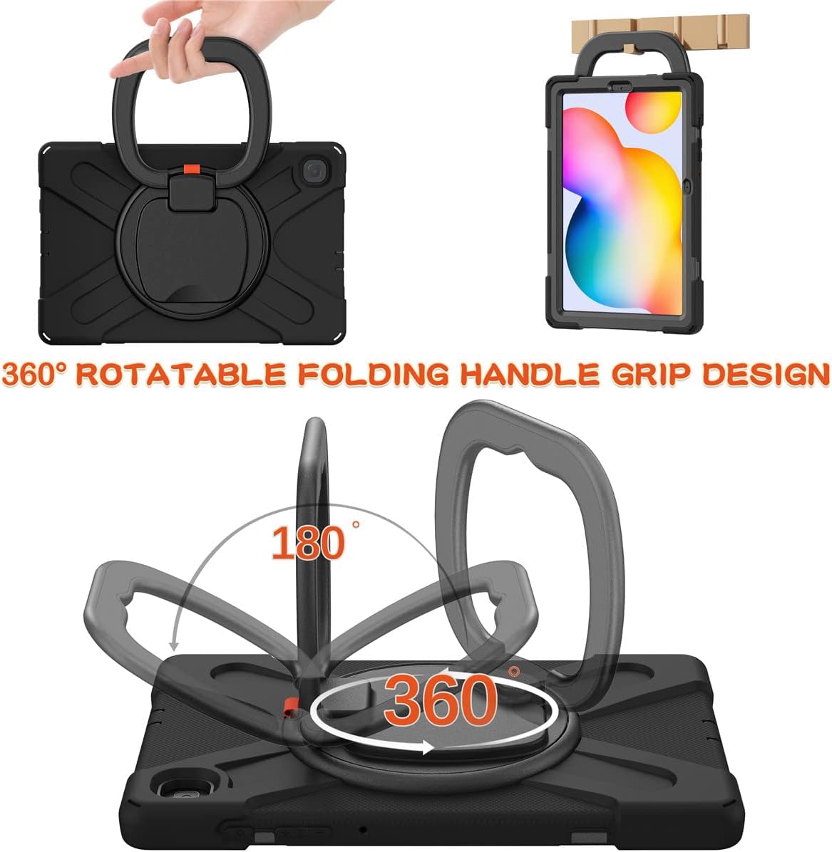 360 Rotation Case for Samsung Galaxy Tab S6 Lite 10.4" Sturdy Cover Rotate Ring Stand Shoulder Carrying Strap Hand Strap Rugged Children Adults Outdoor Case (Black) image 3