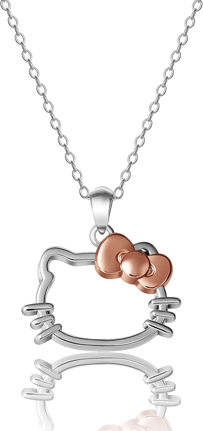 Hello Kitty Necklace - 18-inch Sterling Silver Necklace with Hello Kitty Silhouette and Bow Pendant - Hello Kitty Jewelry for Women - Hello Kitty Accessories