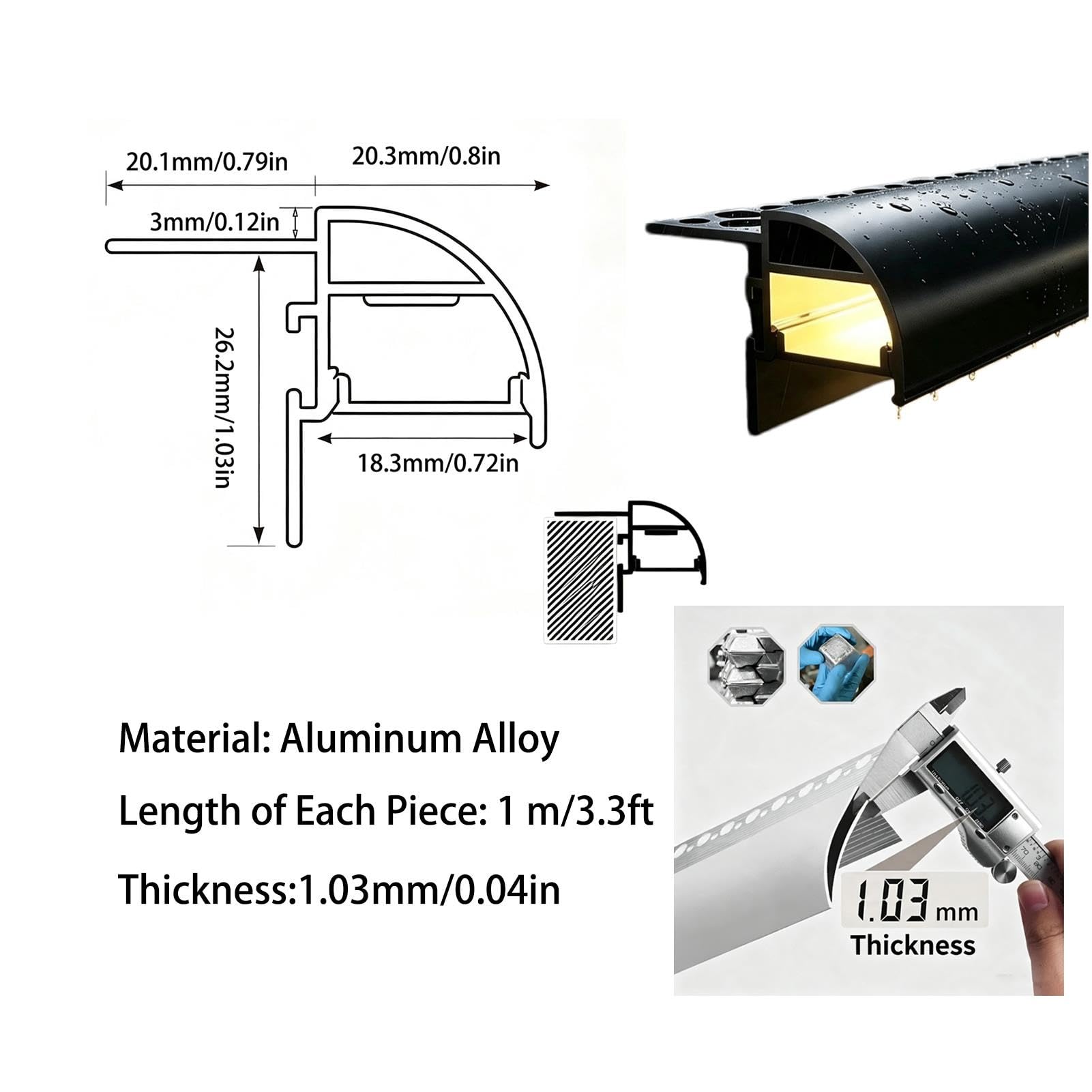 Profilo gocciolatoio in alluminio, tagliabile per esterni con luce LED | Lega di alluminio, buona deviazione acqua, su misura, montaggio facile(Black,5pcs)