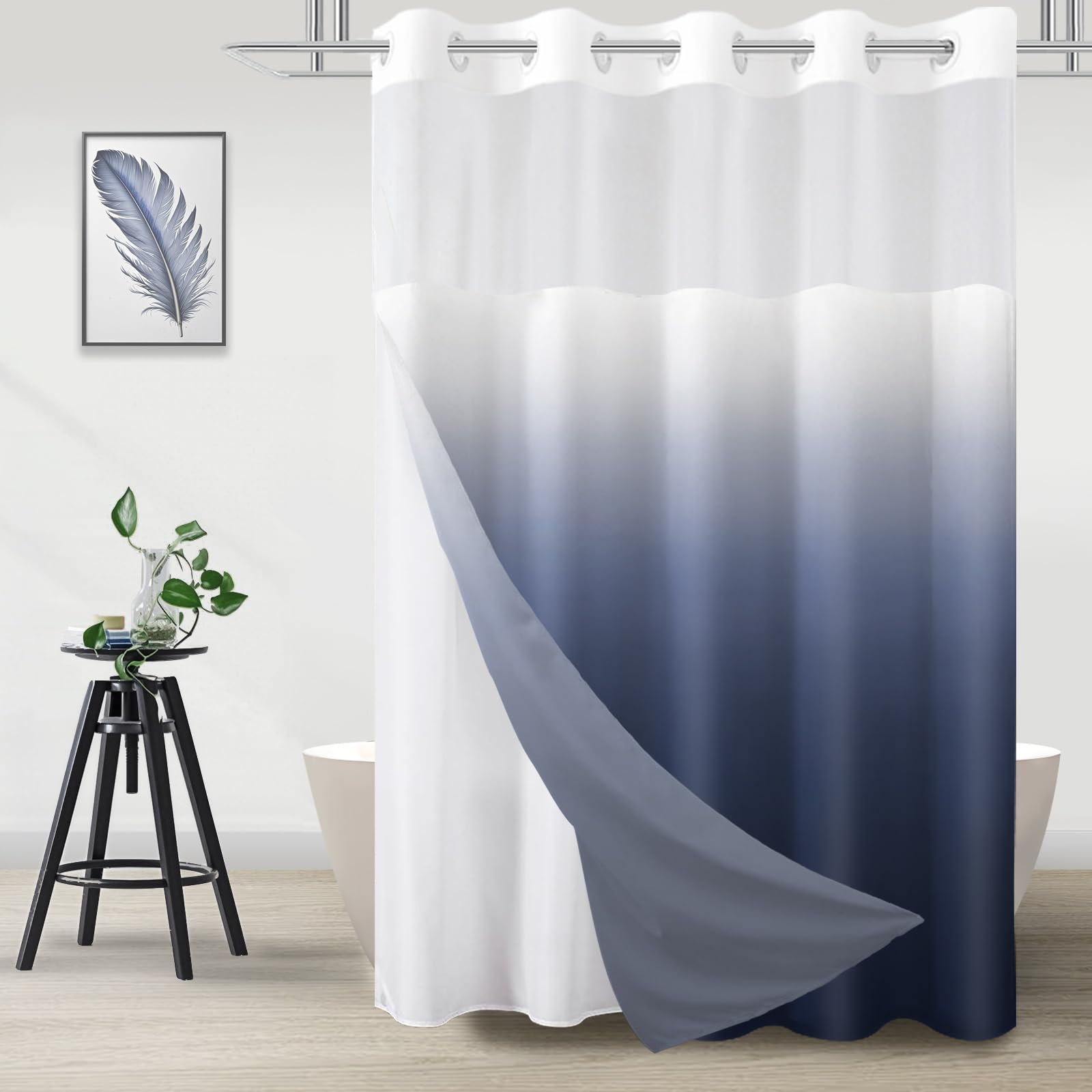TWLSNCD No Hook Shower Curtain with Snap in Liner, Ombre Navy Blue Shower Curtains and Liner Set, Hotel Fabric Bath Curtain for Bathroom, Mesh Top