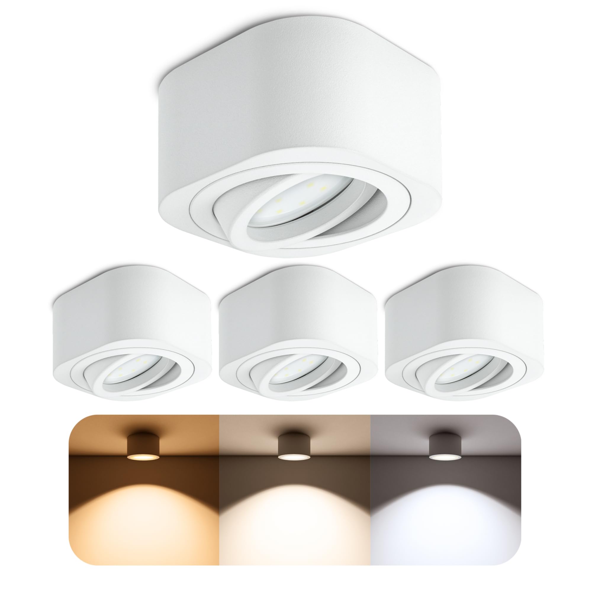 SSC-LUXon TEARA - Juego de 4 focos empotrables LED blancos, planos, orientables, regulables, 5 W, blanco cálido, 230 V