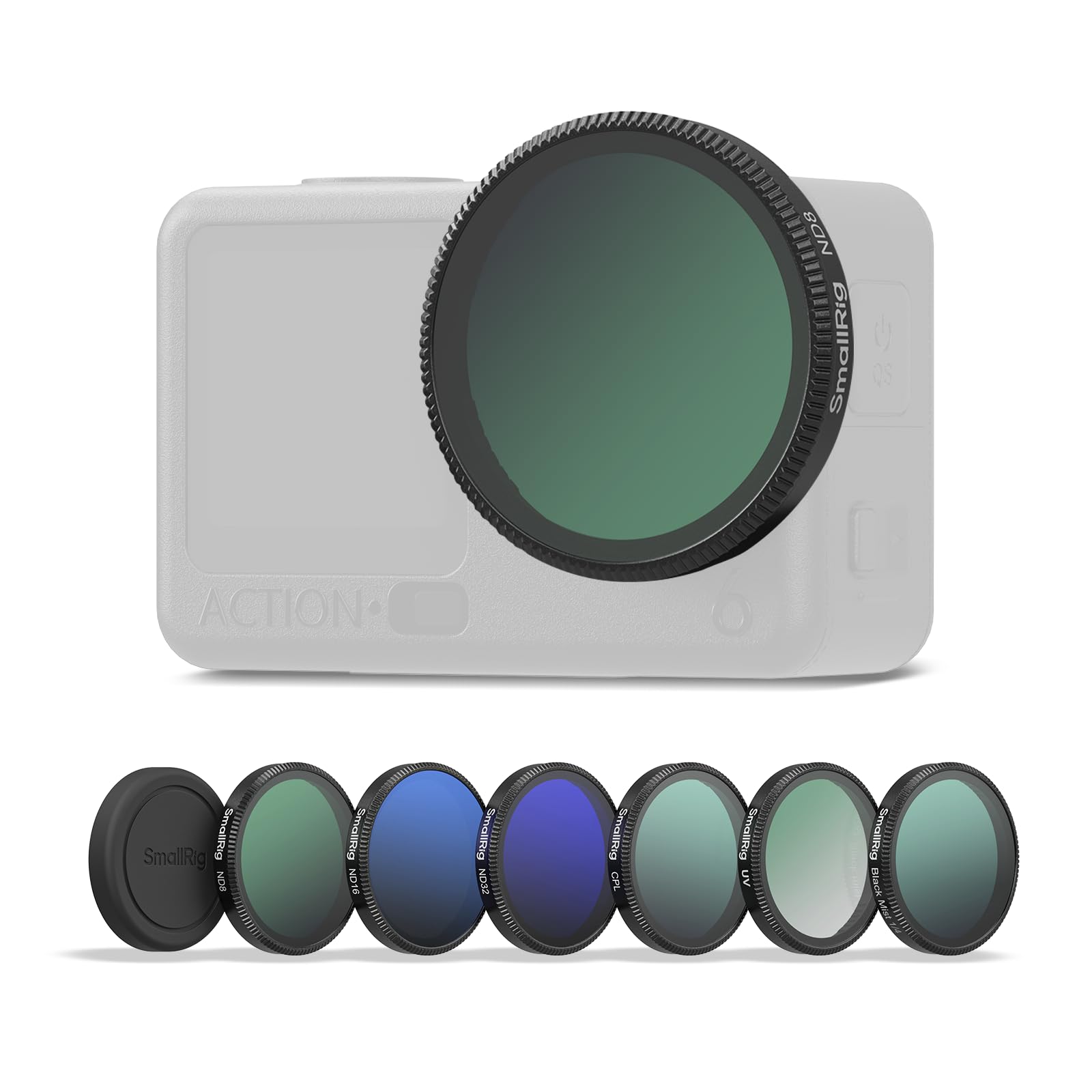 SMALLRIG Kit filtri per DJI Osmo Action 6, 6 pezzi ND8 ND16 ND32 CPL UV 1/4 effetto Black Mist Filter, polarizzazione a scatto Neutral Density & Copriobiettivo Silicone Vetro Ottico HD 5967