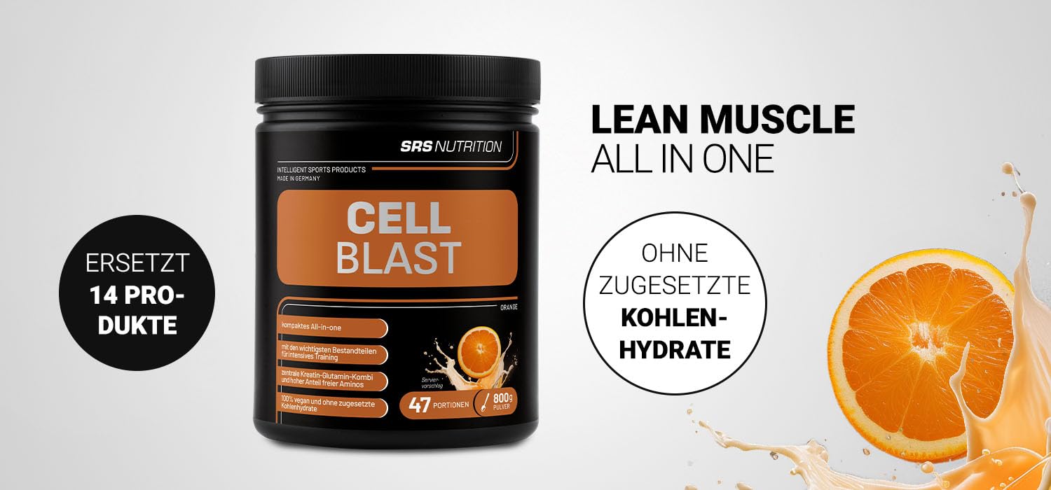SRS Muscle - Cell Blast, 800 g, Orange | Lean Muscle All-in-one | ohne zugesetzte Kohlenhydrate | mit Creapure®, Glutamin, Arginin, AAKG, Beta Alanin u.a.m. | deutsche Premiumqualität