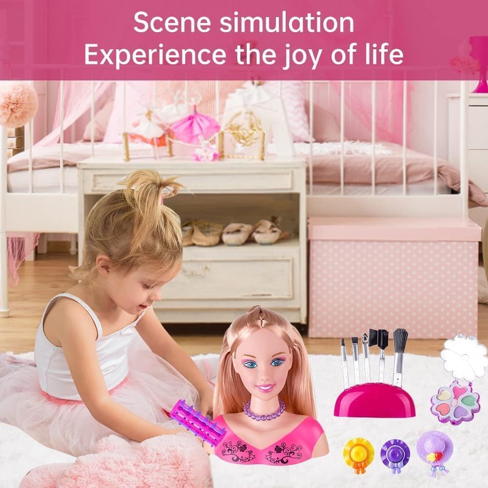 Testa per parrucchiere e trucco per bambini Pretend Playset, 34 pezzi styling testa bambola acconciatura giocattolo con asciugacapelli per bambine