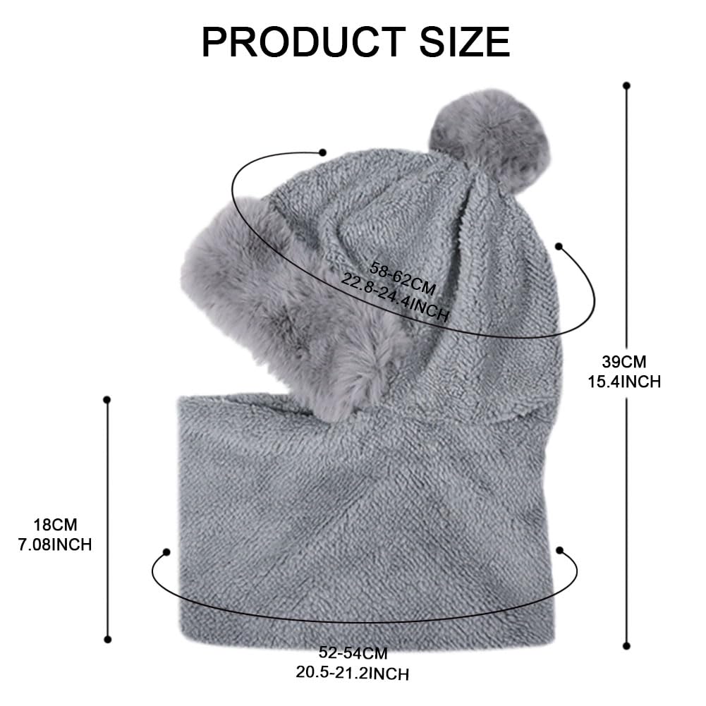 Gorro de Invierno con Pasamontañas Mujer Cálido Prueba de Viento Bufanda de Sombrero con Forro y Pompom para Esquí al Aire Libre