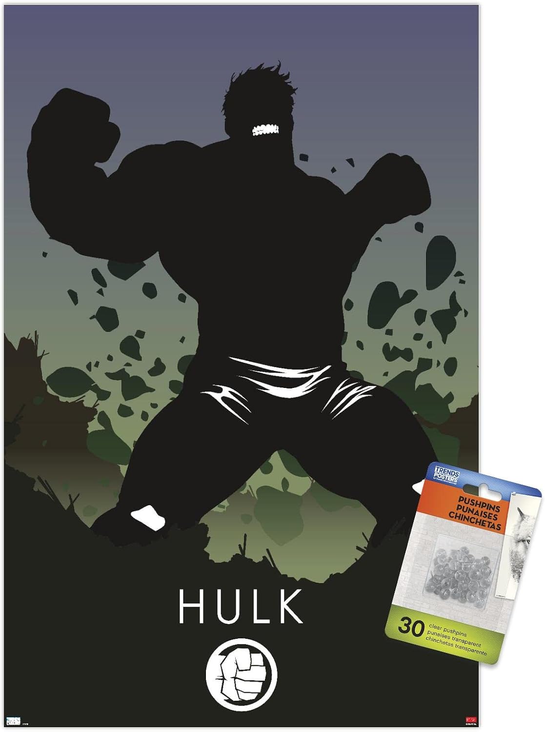 Trends International Marvel Heroic Silhouette - Hulk Wall Poster, 14.72" x 22.37", Premium Poster & Push Pin Bundle