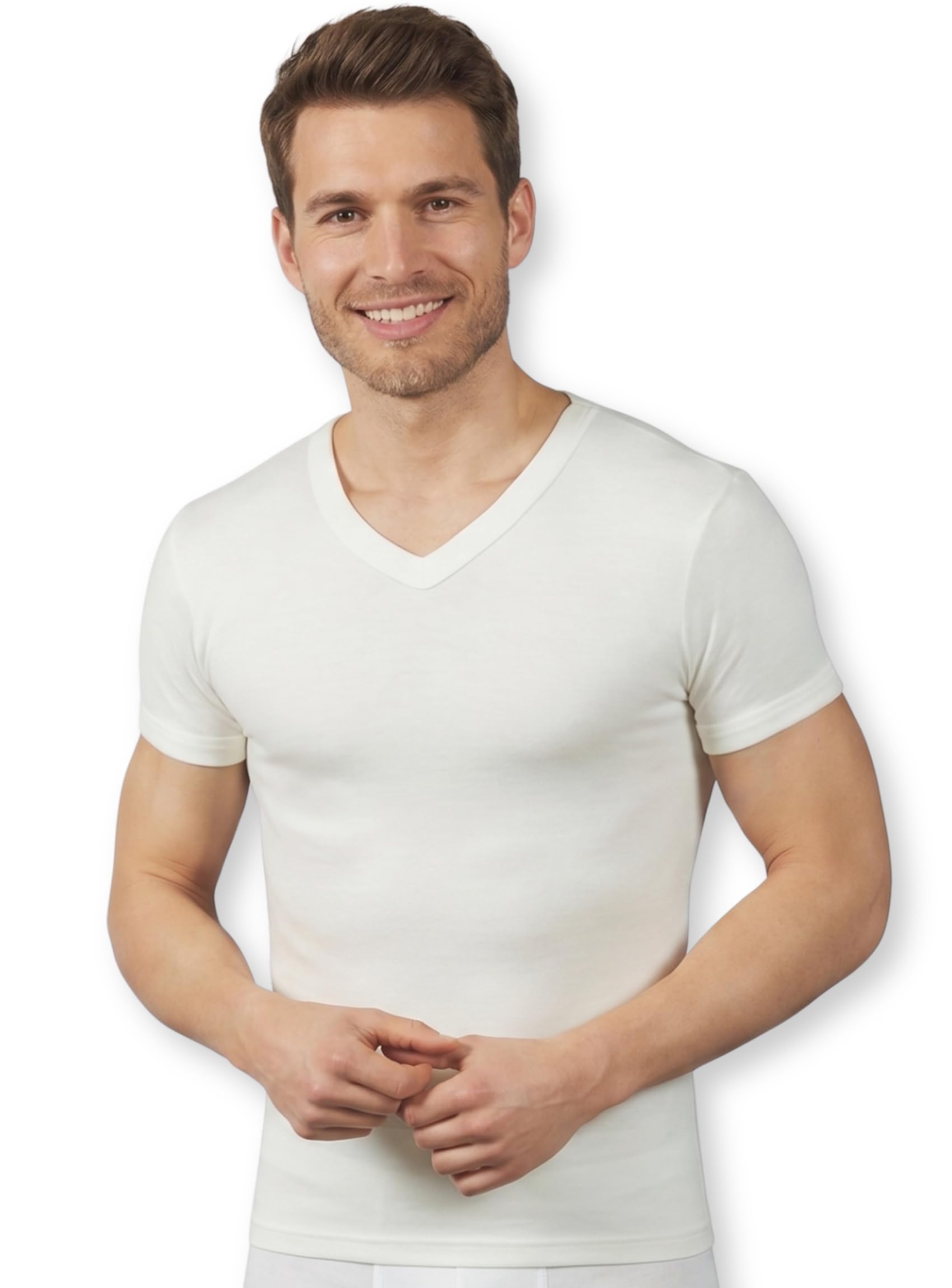 Pinuccio Venegoni Juego de 2 camisetas de lana de algodón para hombre, cuello en V, fabricadas en Italia, camiseta interior térmica, algodón en la piel, camiseta para hombre, manga corta, invierno,